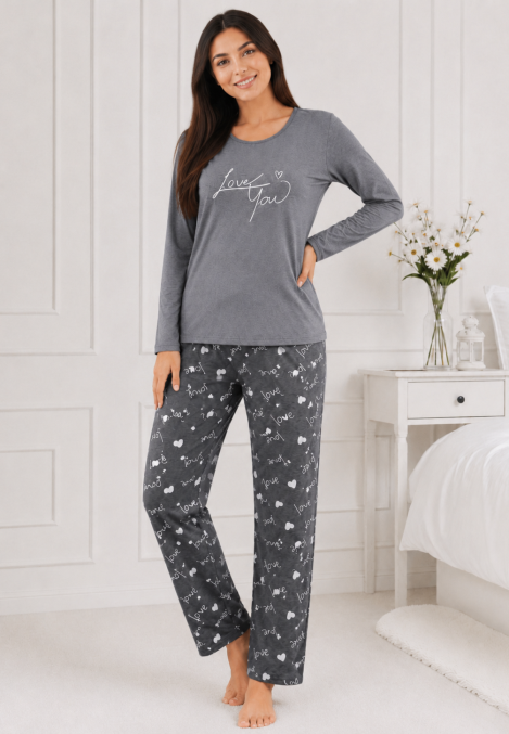 Pijama de damă cu bluză cu maneca lunga și pantaloni -Gri,Engros